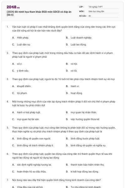 (2024) Đề minh họa tham khảo BGD môn GDCD có đáp án (Đề 6)
