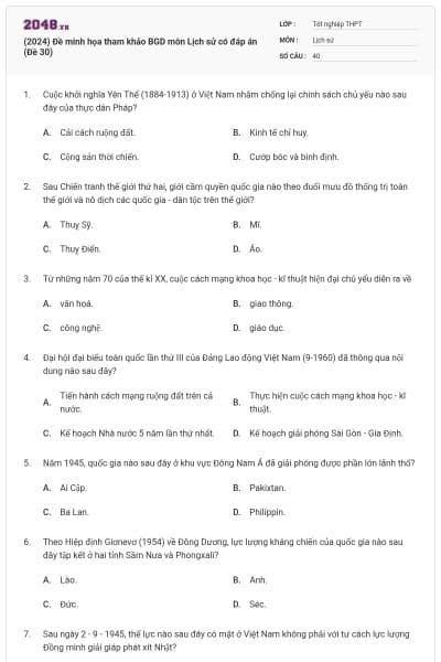 (2024) Đề minh họa tham khảo BGD môn Lịch sử có đáp án (Đề 30)