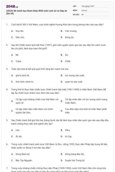 (2024) Đề minh họa tham khảo BGD môn Lịch sử có đáp án (Đề 34)