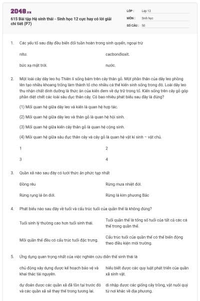 615 Bài tập Hệ sinh thái - Sinh học 12 cực hay có lời giải chi tiết (P7)