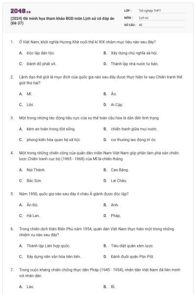 (2024) Đề minh họa tham khảo BGD môn Lịch sử có đáp án (Đề 37)