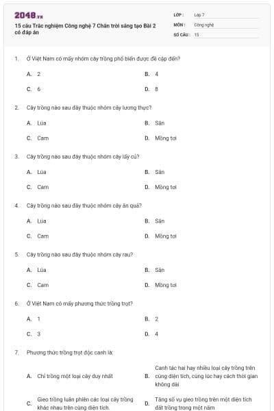 15 câu Trắc nghiệm Công nghệ 7 Chân trời sáng tạo Bài 2 có đáp án