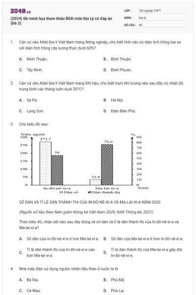 (2024) Đề minh họa tham khảo BGD môn Địa Lý có đáp án (Đề 3)