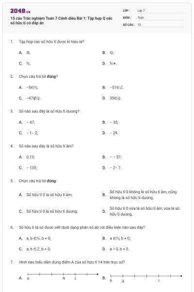 15 câu Trắc nghiệm Toán 7 Cánh diều Bài 1: Tập hợp Q các số hữu tỉ có đáp án