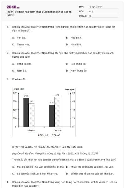 (2024) Đề minh họa tham khảo BGD môn Địa Lý có đáp án (Đề 4)