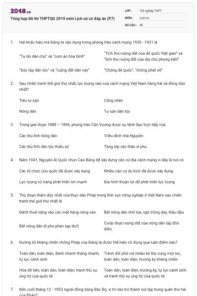 Tổng hợp Đề thi THPTQG 2019 môn Lịch sử có đáp án (P7)