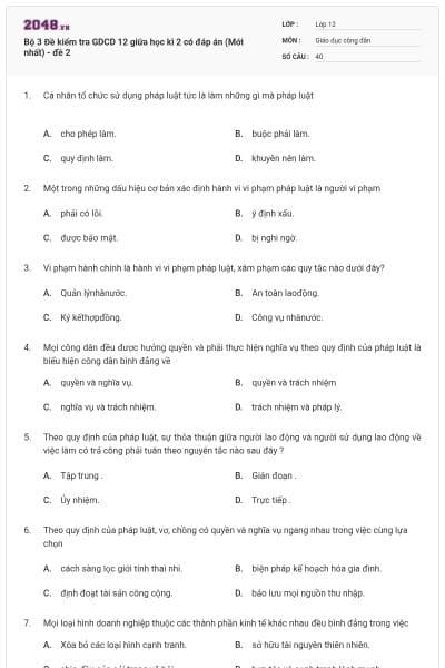 Bộ 3 Đề kiểm tra GDCD 12 giữa học kì 2 có đáp án (Mới nhất) - đề 2