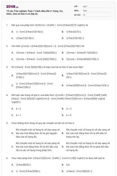 15 câu Trắc nghiệm Toán 7 Cánh diều Bài 2: Cộng, trừ, nhân, chia số hữu tỉ có đáp án