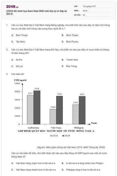 (2024) Đề minh họa tham khảo BGD môn Địa Lý có đáp án (Đề 8)