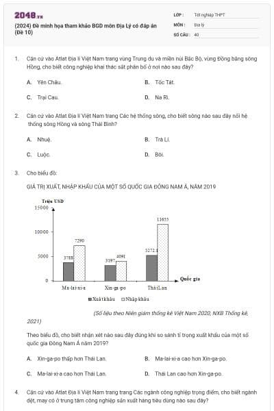 (2024) Đề minh họa tham khảo BGD môn Địa Lý có đáp án (Đề 10)