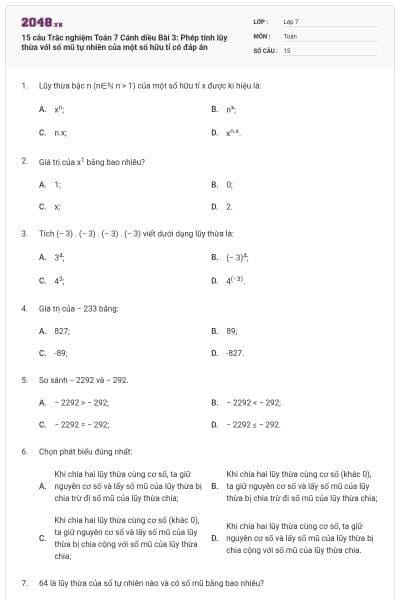 15 câu Trắc nghiệm Toán 7 Cánh diều Bài 3: Phép tính lũy thừa với số mũ tự nhiên của một số hữu tỉ có đáp án