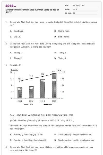 (2024) Đề minh họa tham khảo BGD môn Địa Lý có đáp án (Đề 12)