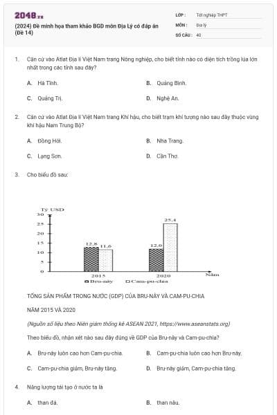 (2024) Đề minh họa tham khảo BGD môn Địa Lý có đáp án (Đề 14)