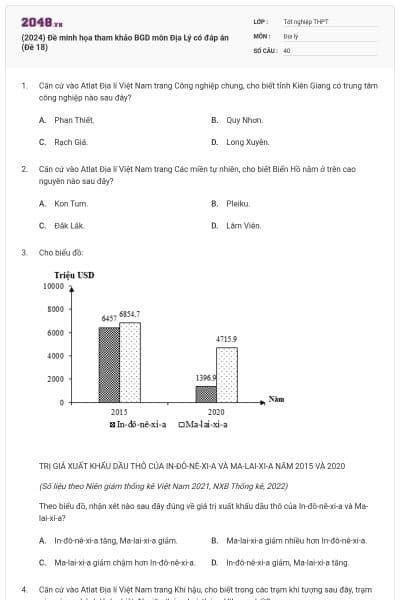 (2024) Đề minh họa tham khảo BGD môn Địa Lý có đáp án (Đề 18)