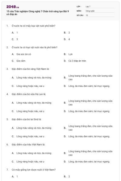 15 câu Trắc nghiệm Công nghệ 7 Chân trời sáng tạo Bài 9 có đáp án