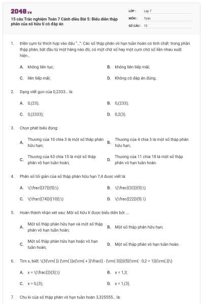 15 câu Trắc nghiệm Toán 7 Cánh diều Bài 5: Biểu diễn thập phân của số hữu tỉ có đáp án