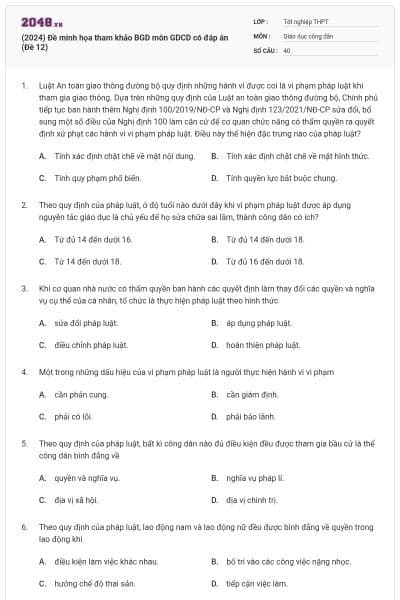 (2024) Đề minh họa tham khảo BGD môn GDCD có đáp án (Đề 12)