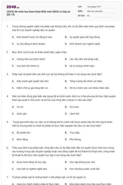 (2024) Đề minh họa tham khảo BGD môn GDCD có đáp án (Đề 13)