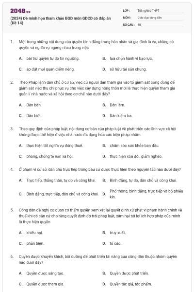 (2024) Đề minh họa tham khảo BGD môn GDCD có đáp án (Đề 14)