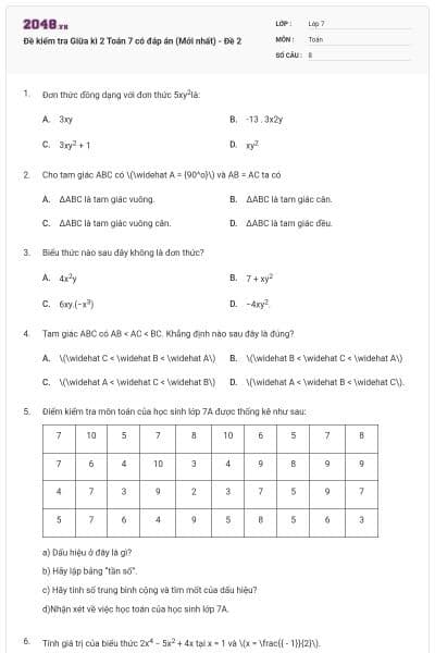 Đề kiểm tra Giữa kì 2 Toán 7 có đáp án (Mới nhất) - Đề 2