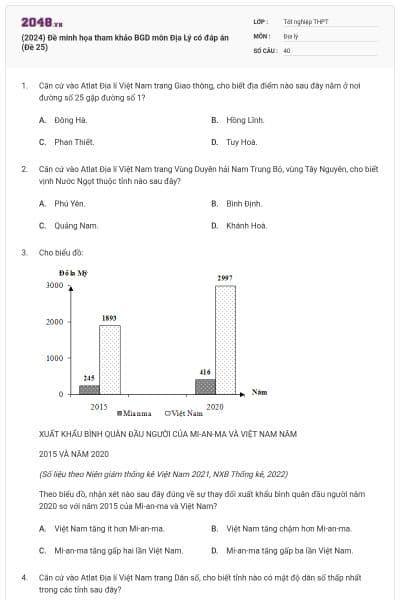 (2024) Đề minh họa tham khảo BGD môn Địa Lý có đáp án (Đề 25)
