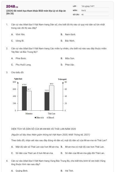 (2024) Đề minh họa tham khảo BGD môn Địa Lý có đáp án (Đề 26)