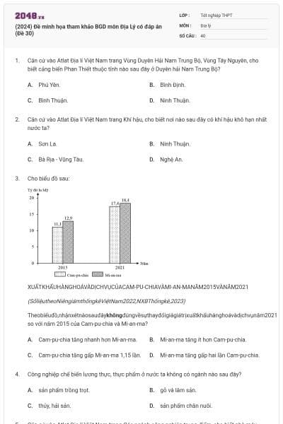 (2024) Đề minh họa tham khảo BGD môn Địa Lý có đáp án (Đề 30)