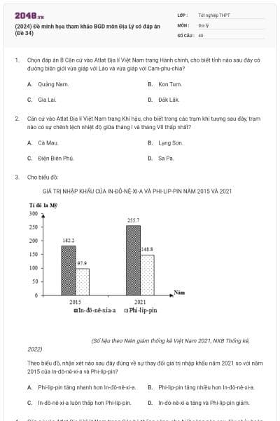 (2024) Đề minh họa tham khảo BGD môn Địa Lý có đáp án (Đề 34)
