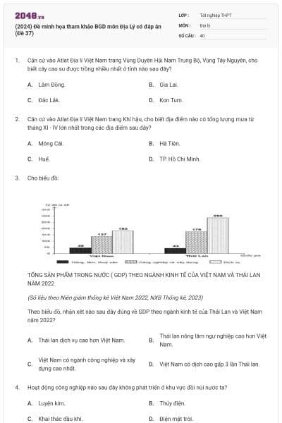 (2024) Đề minh họa tham khảo BGD môn Địa Lý có đáp án (Đề 37)