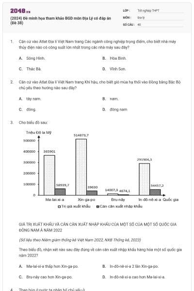 (2024) Đề minh họa tham khảo BGD môn Địa Lý có đáp án (Đề 38)