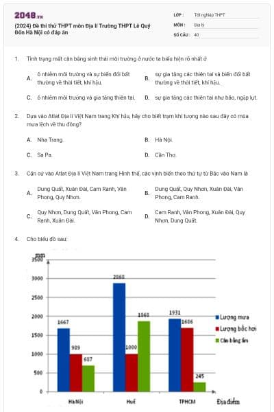 (2024) Đề thi thử THPT môn Địa lí Trường THPT Lê Quý Đôn Hà Nội có đáp án