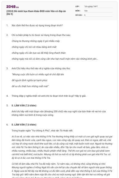 (2024) Đề minh họa tham khảo BGD môn Văn có đáp án (Đề 5)