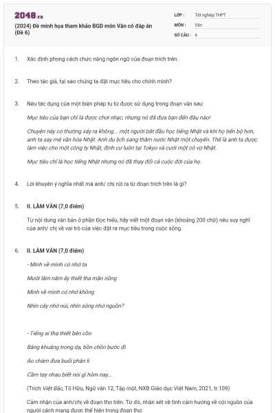 (2024) Đề minh họa tham khảo BGD môn Văn có đáp án (Đề 6)