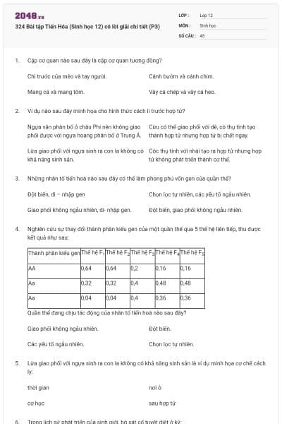 324 Bài tập Tiến Hóa (Sinh học 12) có lời giải chi tiết (P3)