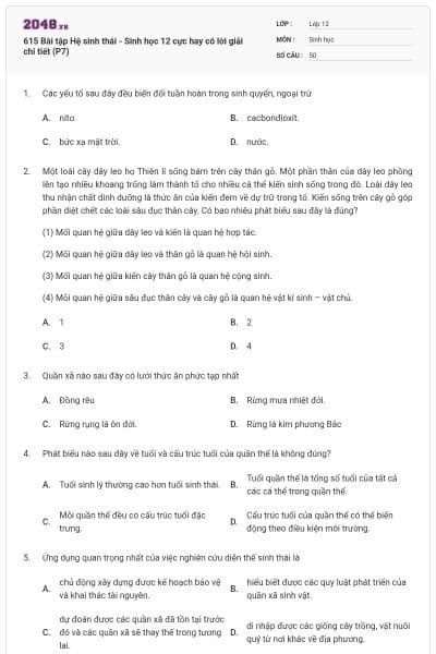 615 Bài tập Hệ sinh thái - Sinh học 12 cực hay có lời giải chi tiết (P7)