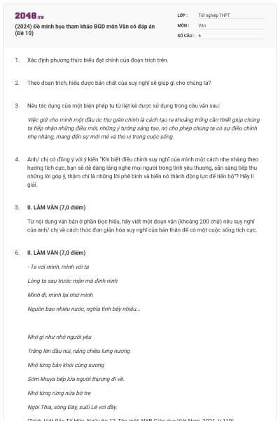 (2024) Đề minh họa tham khảo BGD môn Văn có đáp án (Đề 10)
