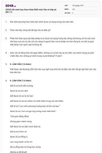 (2024) Đề minh họa tham khảo BGD môn Văn có đáp án (Đề 11)