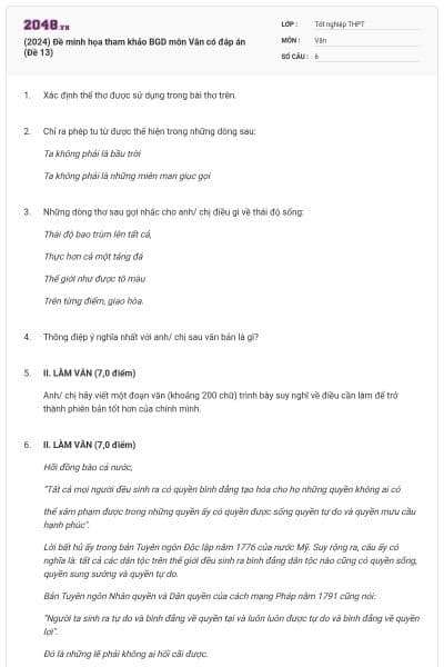(2024) Đề minh họa tham khảo BGD môn Văn có đáp án (Đề 13)