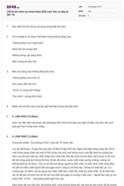 (2024) Đề minh họa tham khảo BGD môn Văn có đáp án (Đề 14)