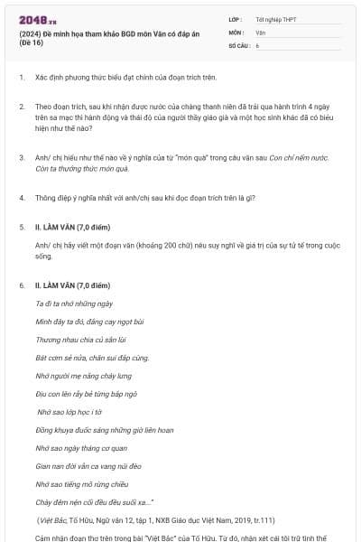 (2024) Đề minh họa tham khảo BGD môn Văn có đáp án (Đề 16)