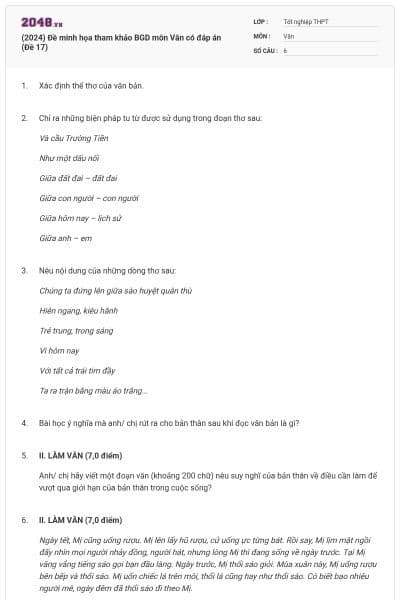(2024) Đề minh họa tham khảo BGD môn Văn có đáp án (Đề 17)