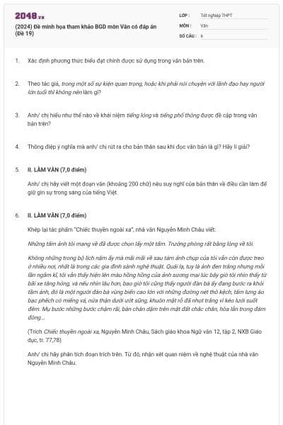 (2024) Đề minh họa tham khảo BGD môn Văn có đáp án (Đề 19)