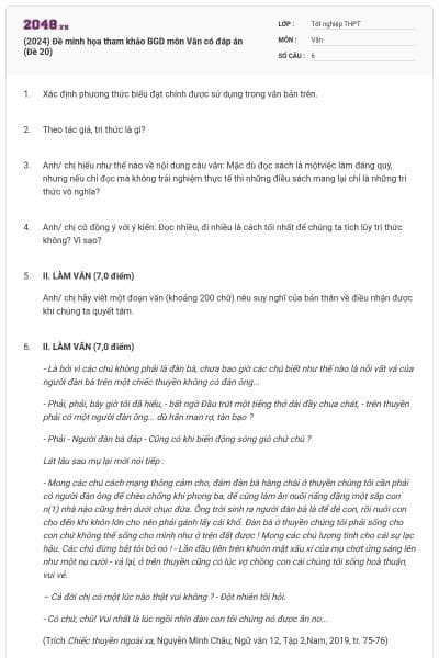 (2024) Đề minh họa tham khảo BGD môn Văn có đáp án (Đề 20)