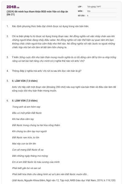 (2024) Đề minh họa tham khảo BGD môn Văn có đáp án (Đề 21)