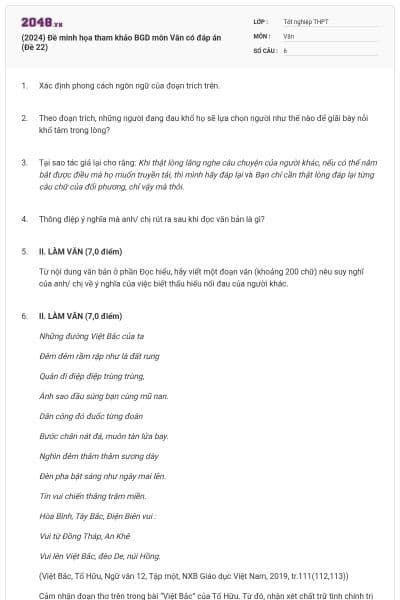 (2024) Đề minh họa tham khảo BGD môn Văn có đáp án (Đề 22)