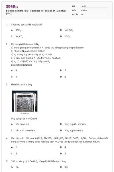 Bộ 8 Đề kiểm tra Hóa 11 giữa học kì 1 có đáp án (Mới nhất) (đề 2)