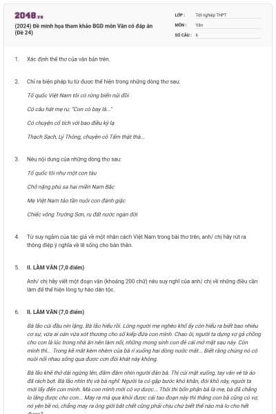 (2024) Đề minh họa tham khảo BGD môn Văn có đáp án (Đề 24)