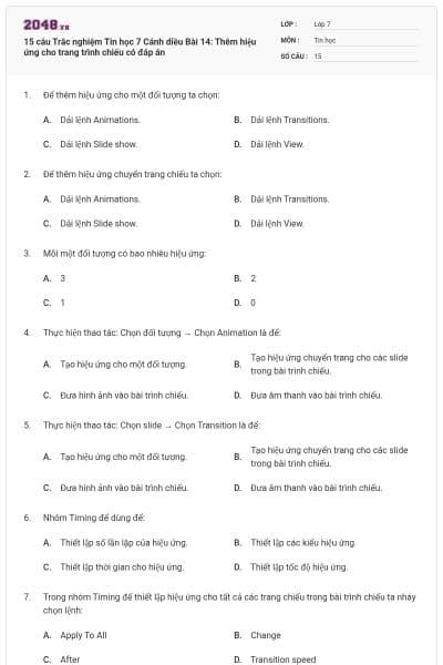 15 câu Trắc nghiệm Tin học 7 Cánh diều Bài 14: Thêm hiệu ứng cho trang trình chiếu có đáp án