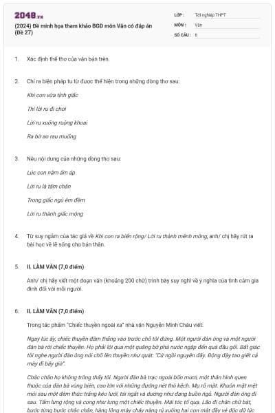 (2024) Đề minh họa tham khảo BGD môn Văn có đáp án (Đề 27)