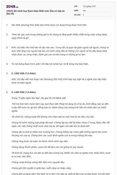 (2024) Đề minh họa tham khảo BGD môn Văn có đáp án (Đề 29)